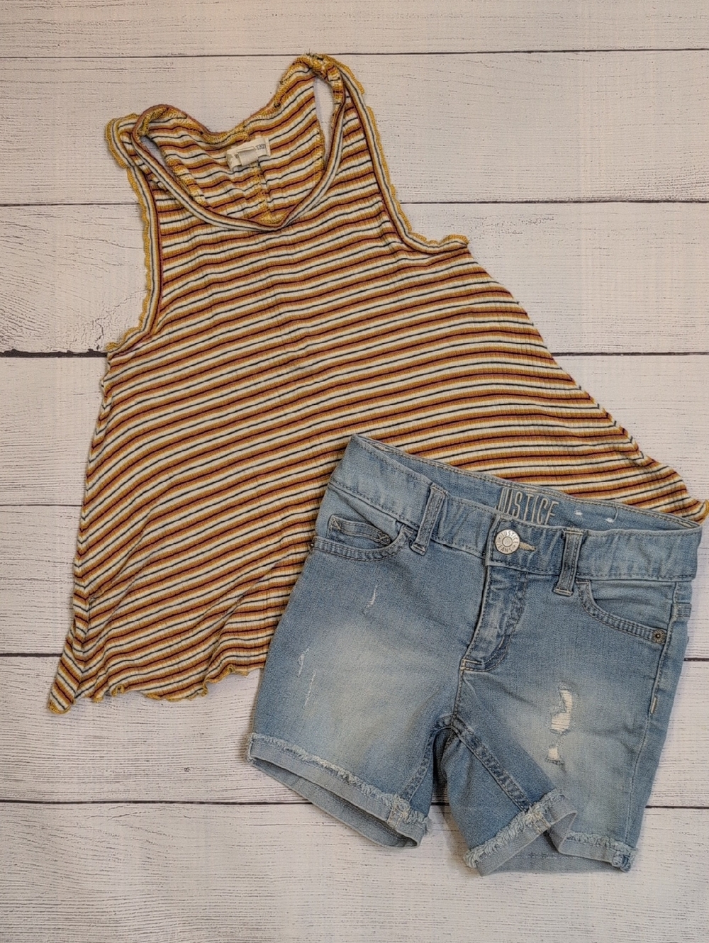 Tucker + Tate Striped Tank Racerback Top and Light Blue Justice Denim Shorts Set